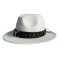 Close-up details of the white fedora hat with black leather band, metallic bull head, and studs. - M (56-58cm) / White
