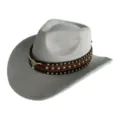 Detailed view of grey suede cowboy hat featuring metal studs and bull skull emblem trim. - M (56-58cm) / Light Blue