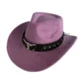 Vue détaillée d'un élégant chapeau de cowboy occidental en suédine violette avec lanière. - M (56-58cm) / Violet