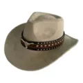 Detailed view of grey suede western cowboy hat with studded leather band and metal bull skull. - M (56-58cm) / Gray