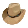 Close-up of retro suede cowboy hat, brown leather band with turquoise stone accents for western style. - M (56-58cm) / Camel