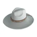Detailed view of the grey wide-brim suede fedora hat featuring a woven ethnic pattern band. - M (56-58cm) / Light Blue