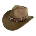 Vintage brown western cowboy hat for men and women, featuring faux suede and bull skull decor. - M (56-58cm) / Army Green