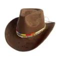 Close-up of a stylish brown western cowboy hat with a colorful woven and beaded band. - M (56-58cm) / Brown