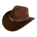 Vue détaillée du chapeau de cowboy occidental marron en suédine avec clous et taureau argenté. - M (56-58cm) / Marron