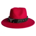 Red felt fedora hat with black leather band and metal bull skull detail view photo. - M (56-58cm) / Red