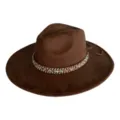 Vintage brown wide brim suede fedora hat with colorful woven hatband, detail shot. - M (56-58cm) / Coffee