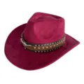 Retro suede western cowboy hat featuring metal longhorn buckle and stylish rivet leather band. - M (56-58cm) / Burgundy