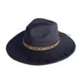 Retro wide brim suede fedora hat with tribal band western cowboy hat for men and women - M (56-58cm) / Navy Blue