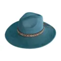 Detailed view of the turquoise suede fedora hat featuring a woven decorative band and side leather ties. - M (56-58cm) / Teal