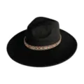 Black wide brim fedora hat with ethnic woven band, vintage suede style for daily wear. - M (56-58cm) / Black
