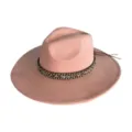 Pink wide-brim fedora hat detail with geometric beaded band and side leather string accents. - M (56-58cm) / Peach
