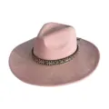Close-up detail of the pink faux suede fedora hat, highlighting the woven tribal band. - M (56-58cm) / Light Pink
