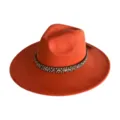 Close-up detail of the vintage wide-brim suede fedora hat with woven boho decorative band. - M (56-58cm) / Orange Red
