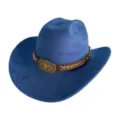 Chapeau de cowboy occidental en daim bleu avec boucle de taureau et ceinture marron - M (56-58cm) / Bleu