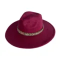 Detailed view of a retro wide-brim suede fedora hat in burgundy with a woven boho hat band. - M (56-58cm) / Burgundy
