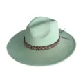 Retro wide brim suede fedora hat with tribal band detail, mint green fashion cowboy hat. - M (56-58cm) / Mint Green