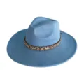 Blue wide brim fedora hat vintage suede cowboy hat detail view for women and men stylish headwear - M (56-58cm) / Sky Blue