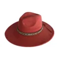 Retro wide-brim suede fedora hat with a stylish woven band and peach-top crown design. - M (56-58cm) / Brick Red