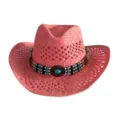 Pink western cowboy straw hat with turquoise beaded detail, perfect summer beach sun hat. - M (56-58cm) / Pink With Blue Beads