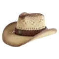 Detailed view of the woven straw cowboy hat with leather band and star metal concho decor. - M (56-58cm) / Vintage Star Band