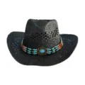 Close-up of the retro hollow straw cowboy hat featuring turquoise bead and wood bead detail. - M (56-58cm) / Black With Blue Beads