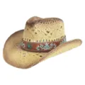 Woven straw cowboy hat detail, vintage western summer beach sun hat with embroidered band. - M (56-58cm) / Vintage Pattern Embroidered Leather Belt