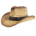 Woven straw cowboy hat detail, retro hollow design with leather band and star buckle. - M (56-58cm) / Star Turquoise Band
