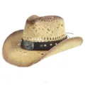 Western cowboy straw hat with wide brim, hollow-out breathable design and leather band. - M (56-58cm) / Bull Head Rivet Band