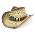 Close-up detail of a bohemian straw western cowboy hat featuring intricate beaded decorative band. - M (56-58cm) / Vintage Bohemian Hat Band