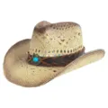 Detailed view of retro hollow woven straw cowboy hat with leather band and turquoise stone. - M (56-58cm) / Vintage Turquoise Hat Band