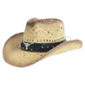 Vintage straw cowboy hat with gradient finish, leather band and metal bull skull decor. - M (56-58cm) / Vintage Bull Head Rivet Band