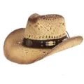 Detail view of hollow woven straw cowboy hat with leather band and metal bull emblem ornament. - M (56-58cm) / Beaded Drawstring