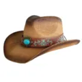 Gros plan détail du chapeau de cowboy en paille western avec boucle turquoise et broderie. - M (56-58cm) / Kaki