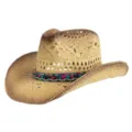 Close-up detail of the vintage hollow-out straw hat with colorful braided beaded band. - M (56-58cm) / Vintage Color Block Hat Band