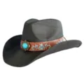 Chapeau de cowboy en paille style western vintage avec ruban turquoise, casquette de soleil chic. - M (56-58cm) / Noir