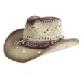 Vintage woven straw cowboy hat with bohemian tribal band, shell and tassel accents for summer. - M (56-58cm) / Vintage Ethnic Hat Band