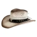 Vue détaillée du chapeau de cowboy western en paille ajourée avec un dégradé rétro. - Tie-Dye Blanc (Bande à Clous Tête de Taureau)