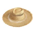 Detailed view of the wide-brim frayed raffia sun hat, showcasing straw weaving and texture. - Hollow Jazz Top Straw Hat