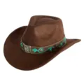 Détail de chapeau western en suède marron, présentant une jolie bande brodée turquoise. - M (56-58cm) / 04 Bande Brodée Vintage- Chapeau Daim Brun