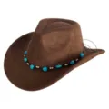 Close-up detail of brown suede western cowboy hat featuring turquoise beaded strap. - M (56-58cm) / 05 Blue Heart Band- Brown Suede Hat