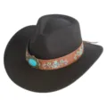 Chapeau de cowboy western noir en laine vintage avec bracelet en cuir marron et broderie bleue. - M (56-58cm) / Noir