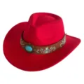 Chapeau de cow-boy western en feutre rouge avec bande marron brodée turquoise, chapeau jazz rétro. - M (56-58cm) / Rouge