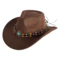 Retro brown suede western cowboy hat with wooden bead and turquoise stone decorative band - M (56-58cm) / 09 Beaded Band- Brown Suede Hat