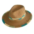 Close-up detail of women straw Panama hat, color-blocked brim design, summer beach sun hat. - M (56-58cm) / Lake Blue Green Color Block