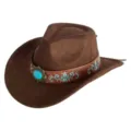 Retro brown suede western cowboy hat with turquoise buckle and floral embroidered band detail. - M (56-58cm) / 13 Turquoise Embroidered Band- Brown Suede Hat