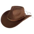 Retro brown suede western cowboy hat for men and women, classic wide brim jazz fedora. - M (56-58cm) / 14 Vintage Skull Band- Brown Suede Hat