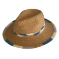 Detailed close-up of a chic straw panama hat with colorful woven bands for summer beach and sun. - M (56-58cm) / Blue & Purple