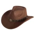 Close-up detail view of the brown suede western cowboy hat featuring decorative braided band. - M (56-58cm) / 15 Star Velvet Band- Brown Suede Hat