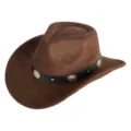 Brown suede western cowboy hat featuring black decorative metal buckle band, detailed view. - M (56-58cm) / 17 Badge Rivet Band- Brown Suede Hat
